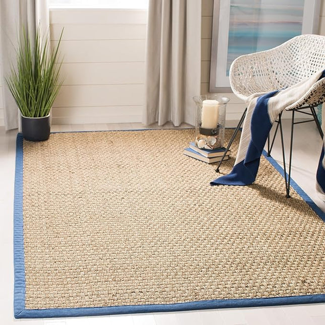 Safavieh Area Rug 4' Square - Natural Fiber Collection - Natural & Navy, Seagrass, Basketweave Pattern with Border (NF114T)