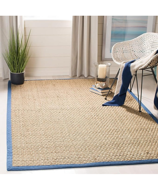 SAFAVIEH Area Rug 4x6 - Natural Fiber Collection - Natural & Navy, Seagrass, Basketweave Pattern with Border (NF114T)
