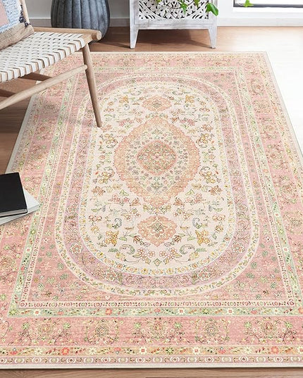 Pink Rug 4x6.5,Boho Washable Area Rugs for Bedroom Living Room Kitchen Entryway,Small Vintage Distressed Farmhouse Non Slip Carpet,Blush Floral