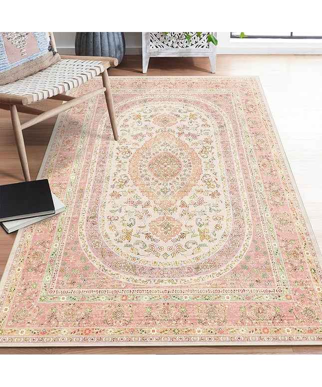 Pink Rug 4x6.5,Boho Washable Area Rugs for Bedroom Living Room Kitchen Entryway,Small Vintage Distressed Farmhouse Non Slip Carpet,Blush Floral
