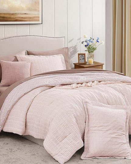 Full Comforter Set - 7 Pieces Pink Gauze Muslin Bedding Sets for All Seasons, Lightweight Breathable Bed in a Bag Full with Revesible Farmhouse Comforter, Sheets, Pillowcases & Sham