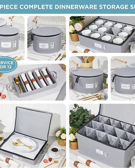 Hard Shell China Storage Containers 8-Piece Set Moving Boxes for Dinnerware, Glasses, Plates, Mugs and Saucers Sturdy Dish Organizer with Dividers for Seasonal Storage - Service for 12 - Gray