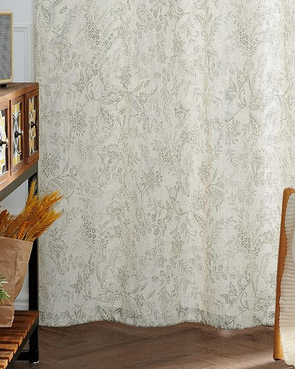 Lazzzy Linen Farmhouse Curtains for Living Room 84 Inch Length Floral Print Window Curtains Semi Sheer Drapes for Bedroom Country Light Filtering Curtain Grommet Top 2 Panels Green on Beige