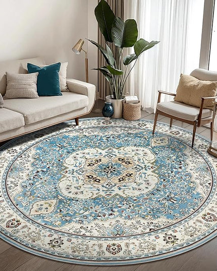 Ciicool Washable Area Rug Round 6’x6’ Boho Bedroom Rug Non-Slip Oriental Carpet Throw Rug Low-Pile Indoor Floor Carpet for Dining Room Living Room Laundry Foyer Decor (Vintage Blue)