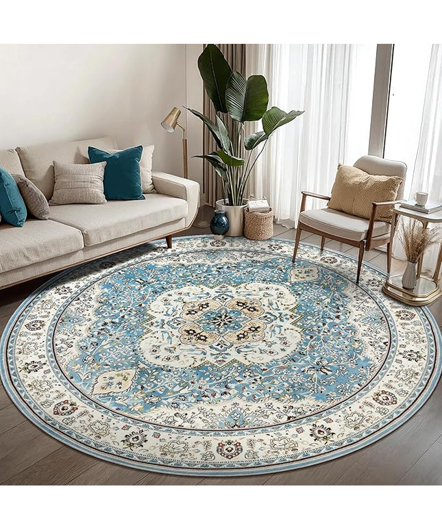 Ciicool Washable Area Rug Round 6’x6’ Boho Bedroom Rug Non-Slip Oriental Carpet Throw Rug Low-Pile Indoor Floor Carpet for Dining Room Living Room Laundry Foyer Decor (Vintage Blue)