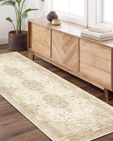Washable Runner Rug 2'x6',Boho Rug Runners Non Slip,Long Rugs for Hallways Kitchen Bathroom Bedroom Entryway,Vintage Bohemian Distressed Floor Carpet,Beige Gold Floral