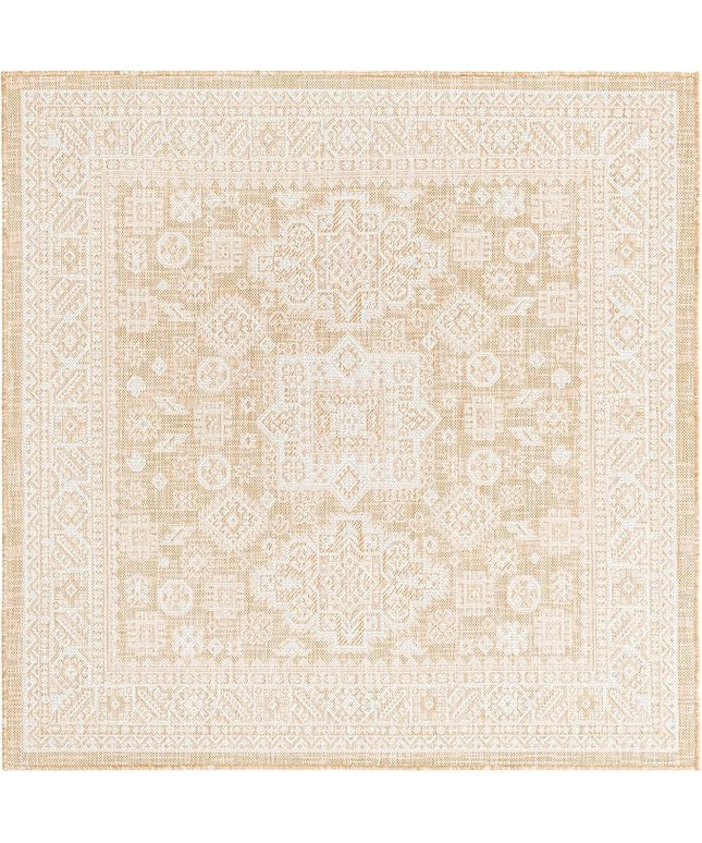 Rugs.com Outdoor Aztec Collection Rug – 5 Ft Square Natural Flatweave Rug Perfect for Living Rooms, Kitchens, Entryways