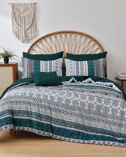 Cottolester Boho Comforter Set King Size,8 Pieces Emerald Green Bohemian Striped Bed in a Bag,Paisley Soft Microfiber Bedding Comforter Set