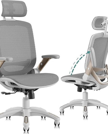 GABRYLLY Ergonomic Office Chair, High Back Home Desk Chair with Headrest, Flip-Up Arms, 90-120° Tilt Lock and Wide Cushion, Big and Tall Mesh Chairs for Man Woman, White Task Chair
