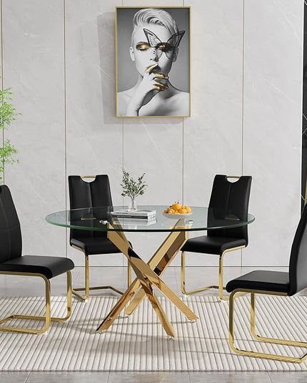 HomVent Round Glass Dining Table Set for 4, 5-Piece Modern Kitchen Table Set with 4 PU Upholstered Chair for Kitchen Dining Room, Glass Dining Room Table Set