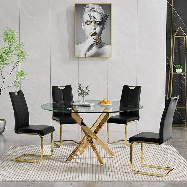 HomVent Round Glass Dining Table Set for 4, 5-Piece Modern Kitchen Table Set with 4 PU Upholstered Chair for Kitchen Dining Room, Glass Dining Room Table Set