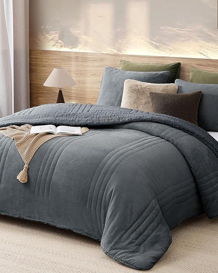 Monbix Fluffy Full Comforter Set Blue Grey, Sherpa Plush Fuzzy Comforter 3 Piece for Full Size Bed, Luxury Soft Winter Warm Bedding Set