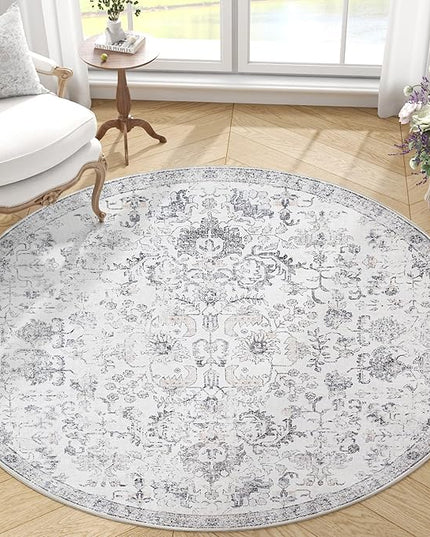 jinchan Kalen Round Rug 4ft Area Rug Washable Vintage Indoor Retro Entryway Floor Cover Distressed Gray Floral 4' Round Circle Boho Non Slip Thin Carpet for Bedroom Living Room Dining Room Grey