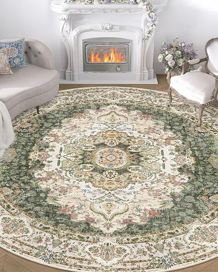 Green Round Rug 9ft,Large Circle Area Rugs for Bedroom Living Room Dining Room,Washable Boho Vintage Bohemian Distressed Oriental Carpet Non Slip,Sage Floral