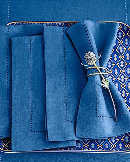 Solino Home Linen Napkins Set of 4 - Classic Hemstitch 100% Pure Linen Indigo Blue Dinner Napkins Cloth 20 x 20 Inch for Christmas, New Year - Handcrafted and Machine Washable