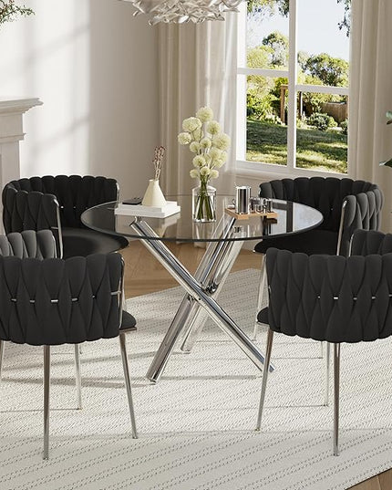 Modern Luxury Round Glass Dining Table Set for 4, 36'' Clear Circle Glass Top Kitchen Set, 5 PCS Small Minimalist Circular Dinner Room Set, Black Woven Chair, for Breakfast Nook (Silver)