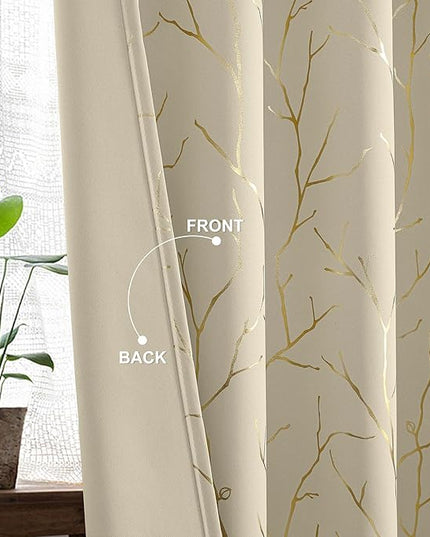 BUHUA Blackout Curtains Gold Tree Print Flower Grommet Drapes, Room Darkening Thermal Insulated Curtains, Noise Reducing Blackout Curtain for Bedroom, Beige, 52Wx63L, 2 Panels