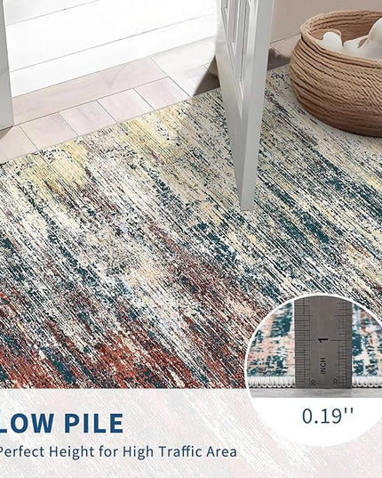 Washable Runner Rug 2x6 Modern Abstract Kitchen Rugs, Non Slip Bathroom Rug, Low Pile Laundry Room Soft Long Carpet for Hallway Bedroom Entryway, Red Multi