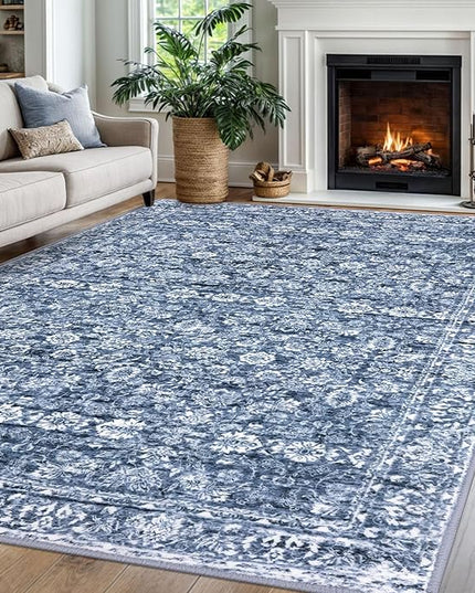 6x9 Area Rug for Living Room, Blue Washable Area Rugs for Bedroom, Soft Vintage Floral Rug with Non-Slip, Non-Shedding Traditional Farmhouse Carpet for Nursery, Dining Room, Office, Playroom