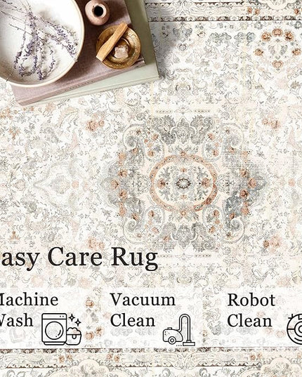8x10 Area Rugs Washable,Boho Rug for Living Room Bedroom Dining Room,Large Vintage Bohemian Distressed Carpet Non Slip,Beige