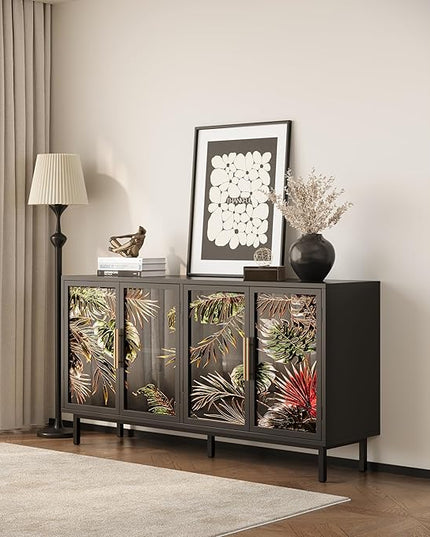GDFStudio 60.3" Retro Buffet Sideboard Cabinet with 4 Glass Doors, Modern Glazed Painting Art Storage Cabinet Console Table, Artistic Tropical Glass Credenza Buffet for Living Room Dining Room, Black
