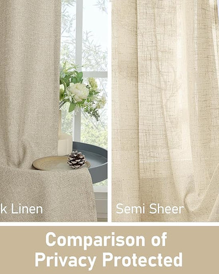 LAMIT Camel Linen Bedroom Curtains 63 inches Long, Grommet Thermal Insulated Soft Thick Curtains Burlap Light Filtering Panels for Living Room/Farmhouse, Set of 2 Panels, W52 x L63