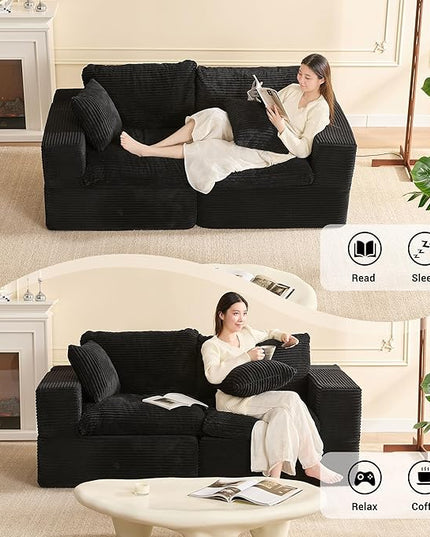 74.8” Cloud Couch, Modular Loveseat Sofa, Convertible Sofas Bed, Deep Seat Sofa, Cozy Sofa for Living Room, Office and Bedroom, Corduroy, Black