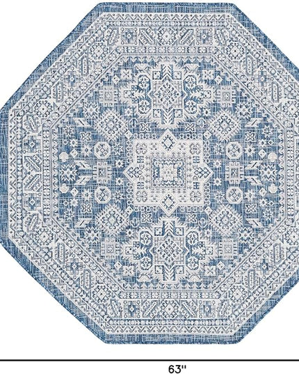 Rugs.com Outdoor Aztec Collection Rug – 5 Ft Octagon Blue Flatweave Rug Perfect for Living Rooms, Kitchens, Entryways