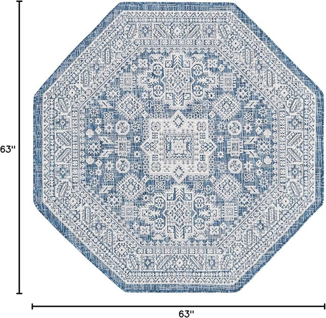 Rugs.com Outdoor Aztec Collection Rug – 5 Ft Octagon Blue Flatweave Rug Perfect for Living Rooms, Kitchens, Entryways