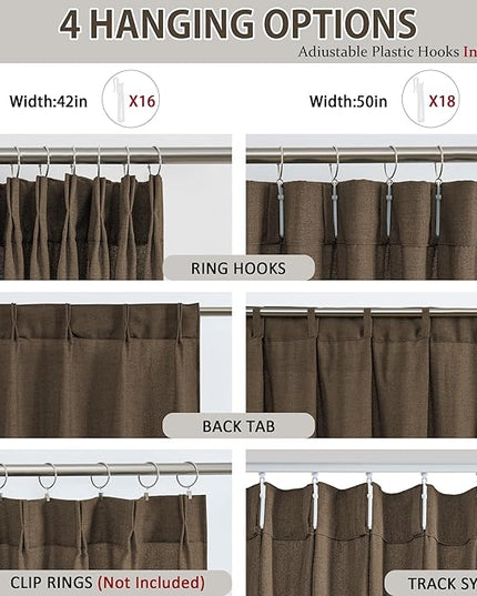 Brown Pleated Linen Curtains 120 Inches Long Farmhouse Semi Sheer Memory Trained Shape Pinch Pleat Drapes with Hooks Back Tab Ripple Fold Curtain for Bedroom Living Room 42x120