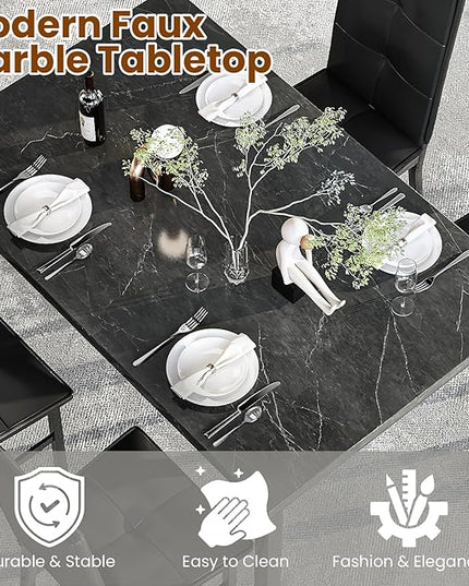 Hooseng Dining Table Set for 4, Modern Faux Marble Kitchen Table with 4 PU Leather Chairs, 5-Piece Small Dining Room Table Set for Dinette, Breakfast Nook, Black