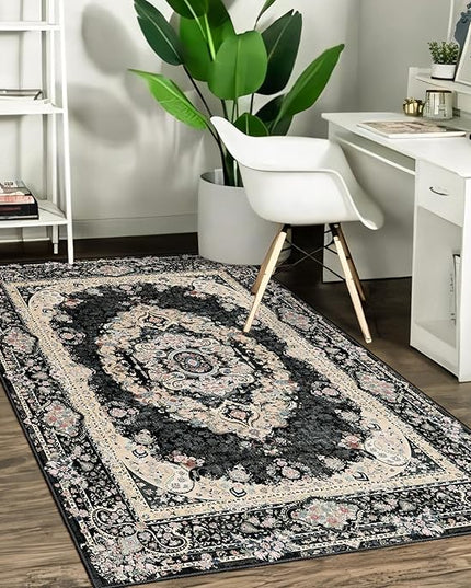 Black Rug 3x5,Washable Area Rugs for Bedroom Living Room Kitchen Entryway,Small Boho Vintage Bohemian Distressed Non Slip Carpet,Floral
