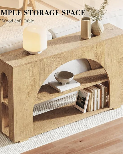 55" Console Table, Farmhouse Sofa Table with 3-Tier Storage, Wooden Entryway Table for Entrance, Hallway, Living Room, Natural Wood