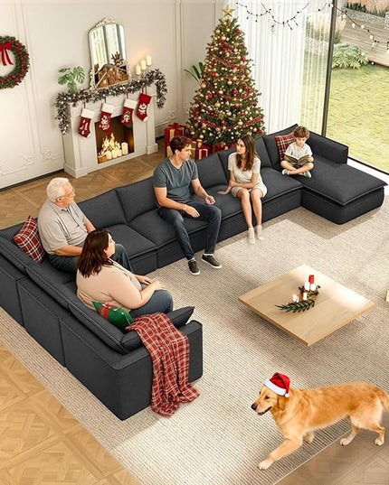 Vesgantti 204.7" Oversized Boneless Sectional Couch, Modern 9 Seater Modular Sofa with Chaise, Deep Seat Convertible Corduroy Cloud Couches for Living Room, No Assembly Required, Black