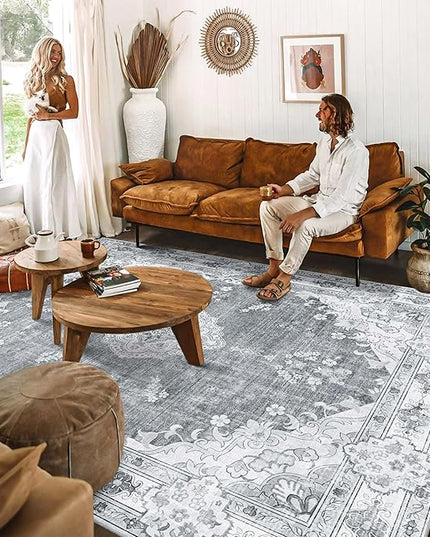 MUJOO Grey Rug 8'x10' Area Rugs for Living Room Bedroom Dining Room,Large Washable Boho Bohemian Vintage Distressed Farmhouse Non Slip Carpet, Floral Flowers