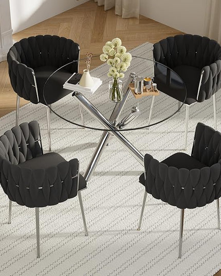Modern Luxury Round Glass Dining Table Set for 4, 39'' Clear Circle Glass Top Kitchen Set, 5 PCS Small Minimalist Circular Dinner Room Set, Black Woven Chair, for Breakfast Nook (Silver)