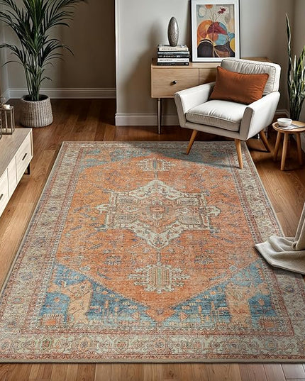 GLN Rugs Traditional Collection - Machine Washable Area Rug, Traditional Washable, Non Slip, Low Pile Chenille Rug, Living Room, Bedroom, Kitchen Rug (9'x12' Burnt Orange)