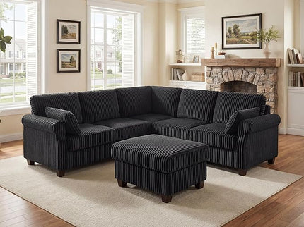 Modular Sectional Sofa Couch, L-Shape Corduroy Couches 4 Seat with Storage Ottoman, Modern Corner Sofa Memory Foam Sectional Cloud Couches for Living Room, Bedroom, Apartment, Office (Black)
