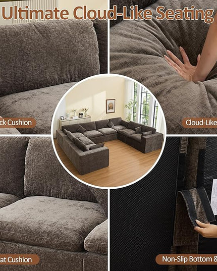 155''Cloud Boneless Sectional Couch, Modular Sectional Sofa Deep Seat, Oversized Upholstered Convertible Comfy 8 Seater Chenille Memory Foam Sofa U Shape Couches for Living Room, Brown