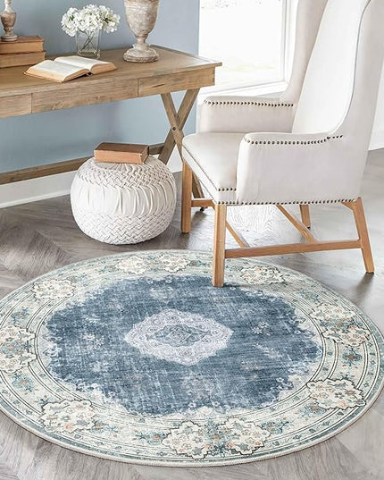 MUJOO Blue Round Rug 4ft,Circle Washable Area Rugs for Bedroom Living Room Bathroom,Boho Small Non Slip Circular Carpet, Floral