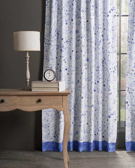 Maison d' Hermine Curtains for Living Room 100% Cotton 124 inch Length One Panel Light Filtering Curtains for Bedroom Windows with Rod and Loop Pockets Drapes (Summer Blues, 50" W x 124" L)