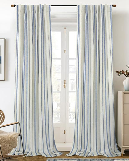 DriftAway Farmhouse Linen Blend Blackout Curtains 120 Inches Long for Bedroom Vertical Striped Printed Linen Curtains Thermal Insulated Lined Treatments for Living Room 2 Panels W52 x L120 Linen Navy