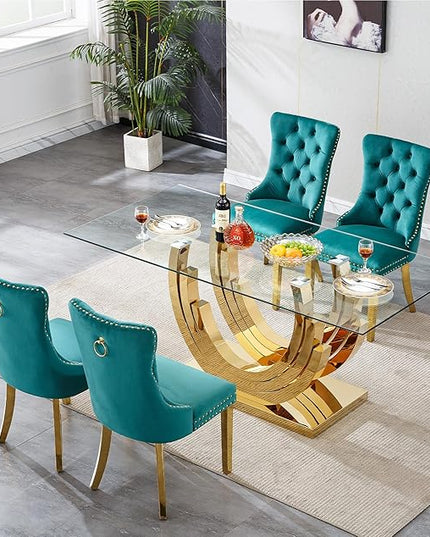 Henf 5-Piece Glass Dining Table Set with 4 Upholstered Dining Chairs,Large Glass Dining Room Table Set for 4, Modern Kitchen Table Furniture for Dining Room, Gold Dining Table and Chair Set for 4
