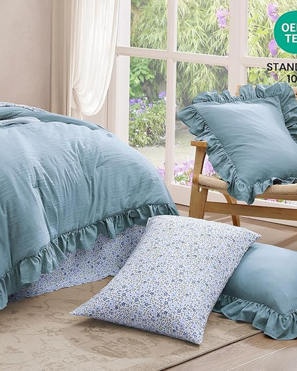 King Comforter Set - 7 Pieces Ruffle Blue Bedding Sets, Shabby Chic Farmhouse Bed in a Bag King with Ruffle Comforter, Floral Sheets, Pillowcases & Shams