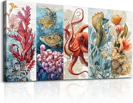 XIGUANGART Bathroom Framed Canvas Wall Art Undersea Abstract Pictures Octopus Coral Reef Vibrant Colorful Marine Animals Painting Large Wall Decor for Living Room Bedroom Nautical Home Decorations