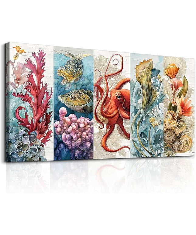 XIGUANGART Large Wall Decor for Living Room Bedroom Bathroom Framed Canvas Wall Art Undersea Abstract Pictures Octopus Coral Reef Vibrant Colorful Marine Animals Painting Nautical Home Decorations