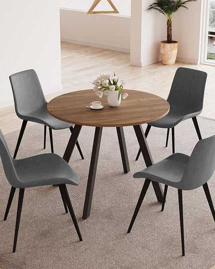 34.6'' Round Dining Table and Chairs for 4 Space Saving for Apartment Kitchen Dining Room (Walnut Table+4 Grey Chairs)