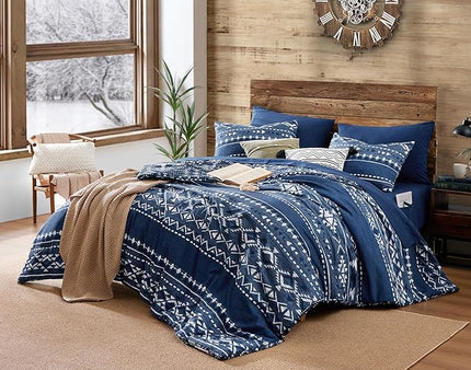 Geniospin King Size Comforter Set - 7 Pieces Comforters King Size, Warm Fluffy Boho Bedding Sets for All Seasons, Bed in a Bag with Flat Sheet and Fitted Sheet, Pillowcase & Sham (Blue, 102''x90'')