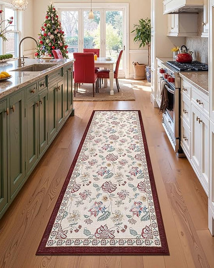jinchan Elora 3x10 Floral Runner Rug for Hallway Washable Runner Vintage Romance Christmas Design Non Slip Thin Indoor Floor Cover Low-Profile Throw Carpet for Entryway Bathroom Bedroom, Red/Beige