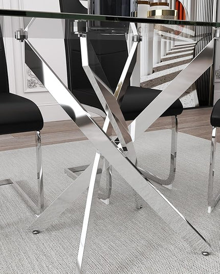 5 Piece Dining Table Table Set, Modern Tempered Glass Dining Table Set for 4 Kitchen Table Set with 4 Upholstered Chairs for Kitchen Dining Room (Sliver Table with Black Hoop Leg Chairs)